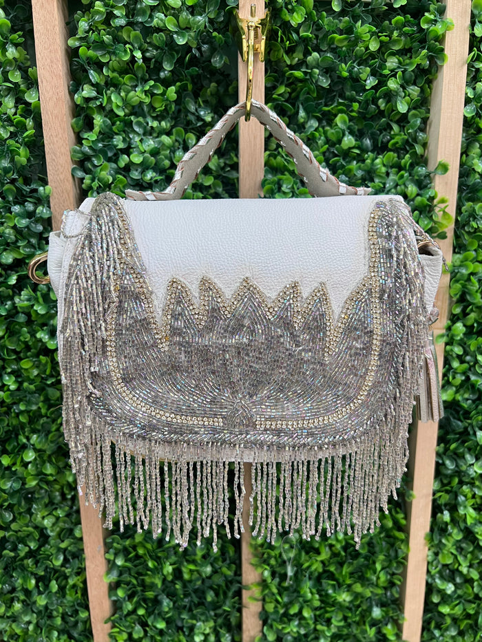 Exquisite White Leather Beaded Lotus Front Fringe Detail Bag
