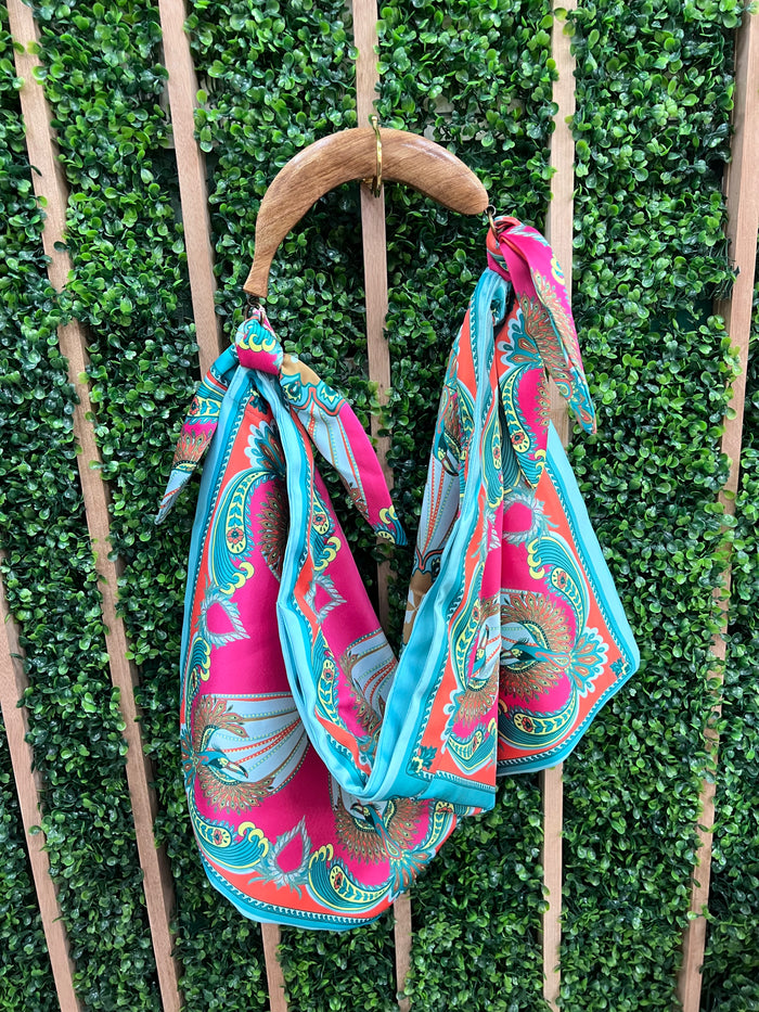 Exquisite Tropical Bandana Boho Bag with Wooden Handle Bag