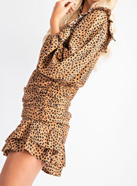 Leopard Ruched V Neck Mini Dress
