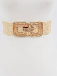 Embossed Square Buckle Raffia Elastic Belt
