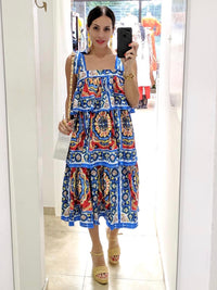 Blue Multi Print Tiered Dress