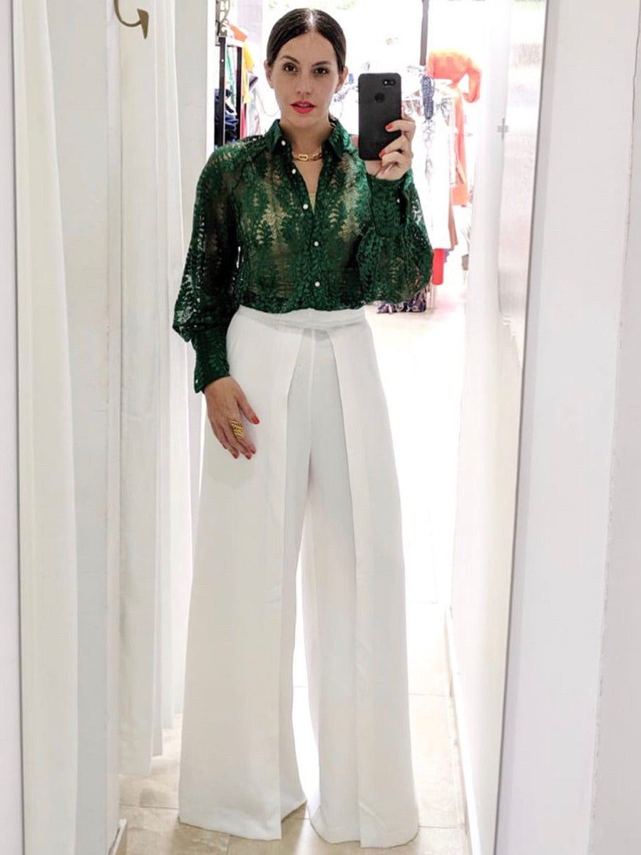 Green Organza Long Sleeve Blouse