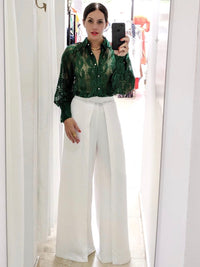 Green Organza Long Sleeve Blouse