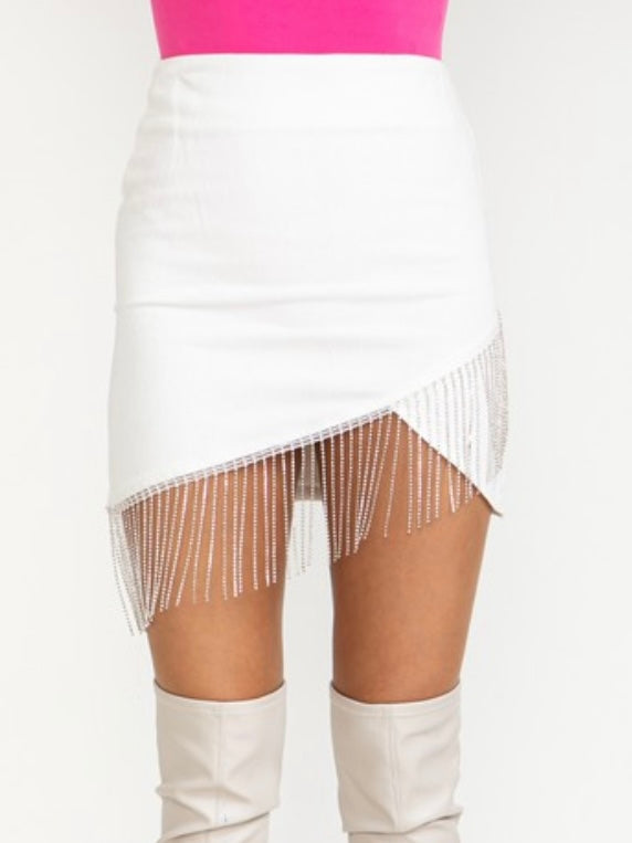 Rhinestone Fringe Tulip Denim Skirt