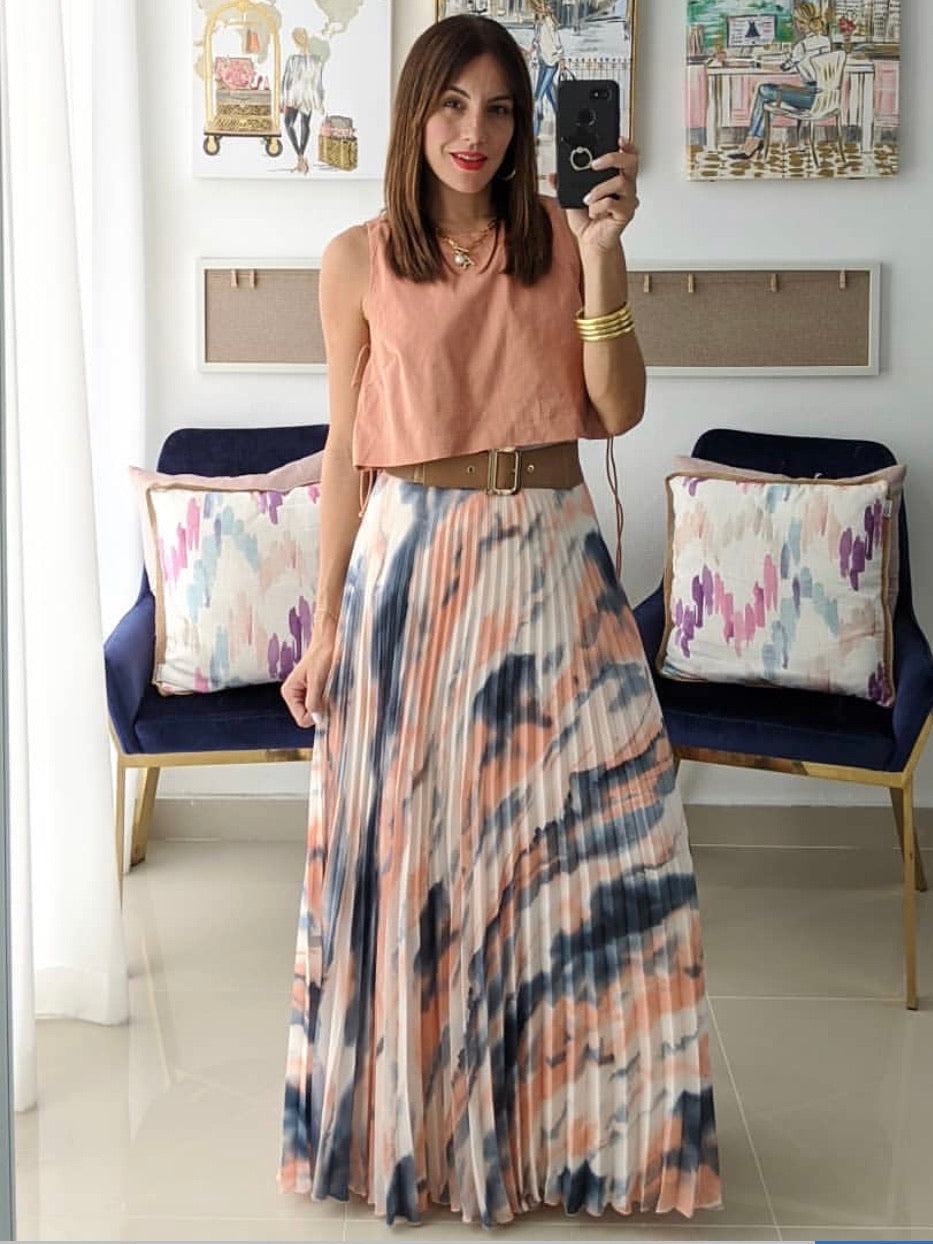 Peach Tie Dye Flare Maxi Skirt