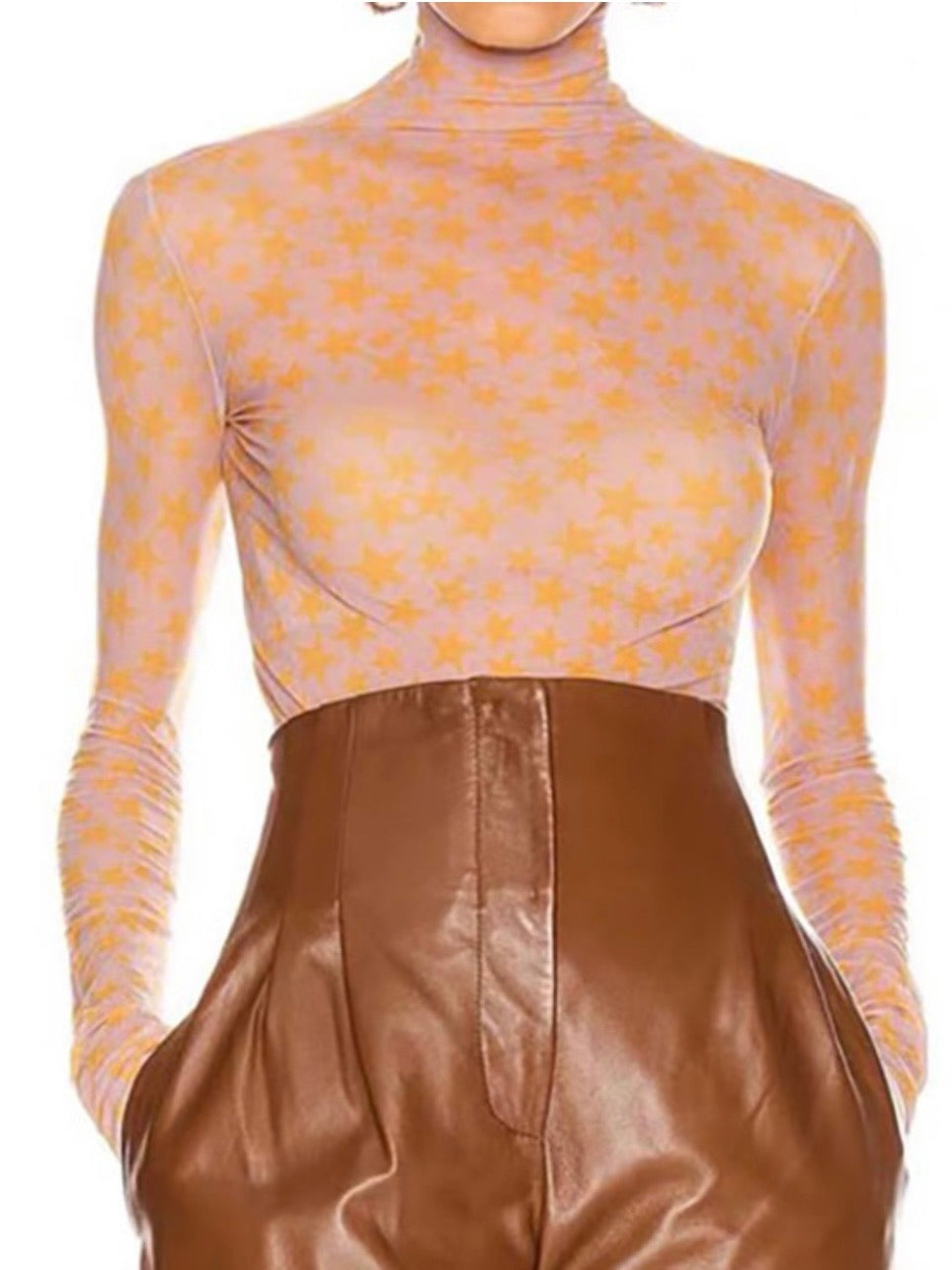 Orange Star Print Turtle Neck Top