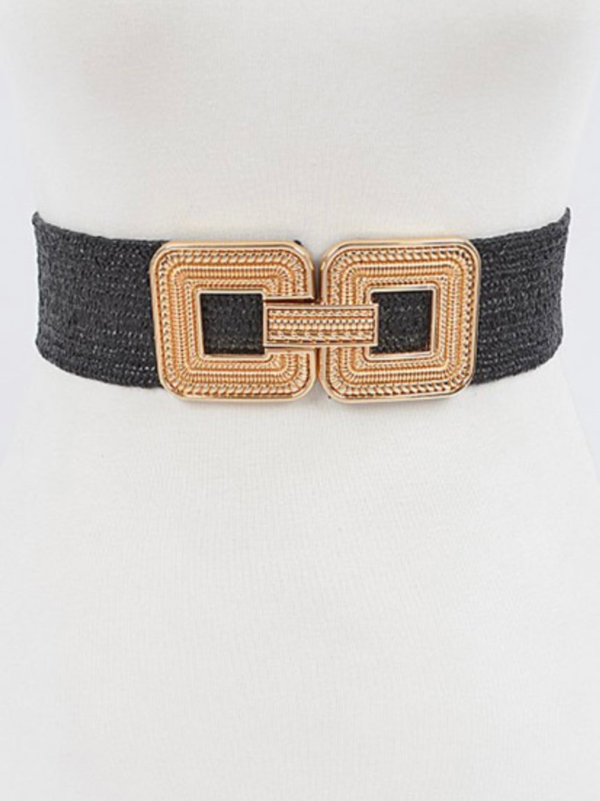 Embossed Square Buckle Raffia Elastic Belt