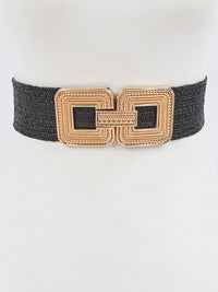 Embossed Square Buckle Raffia Elastic Belt