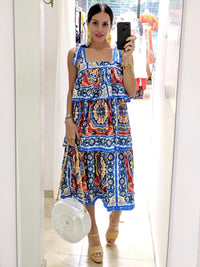 Blue Multi Print Tiered Dress