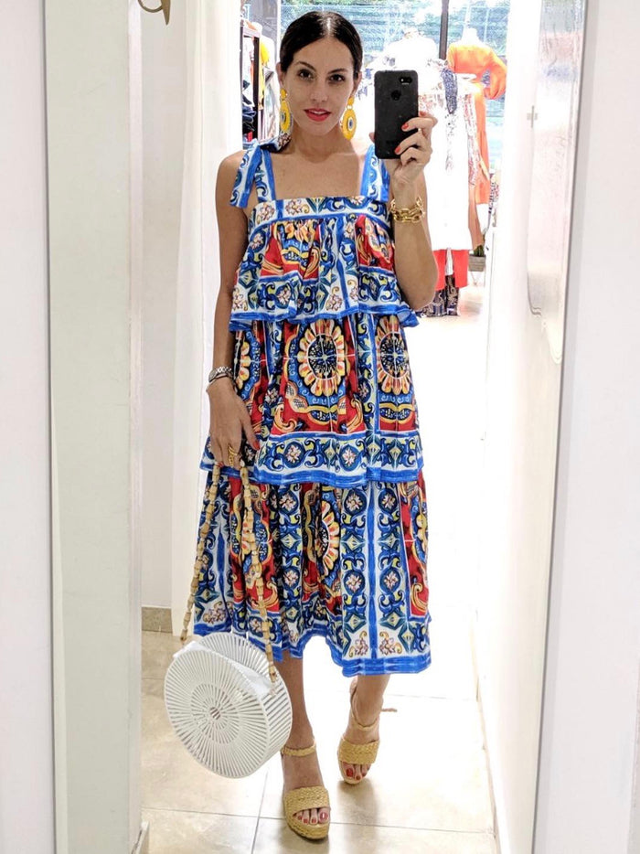 Blue Multi Print Tiered Dress