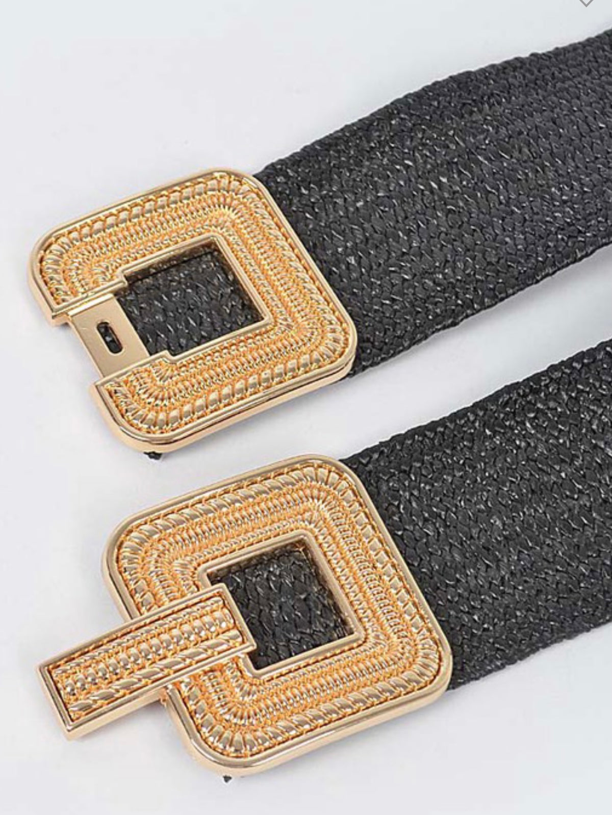 Embossed Square Buckle Raffia Elastic Belt