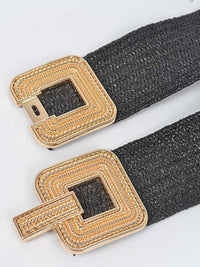 Embossed Square Buckle Raffia Elastic Belt