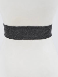 Embossed Square Buckle Raffia Elastic Belt