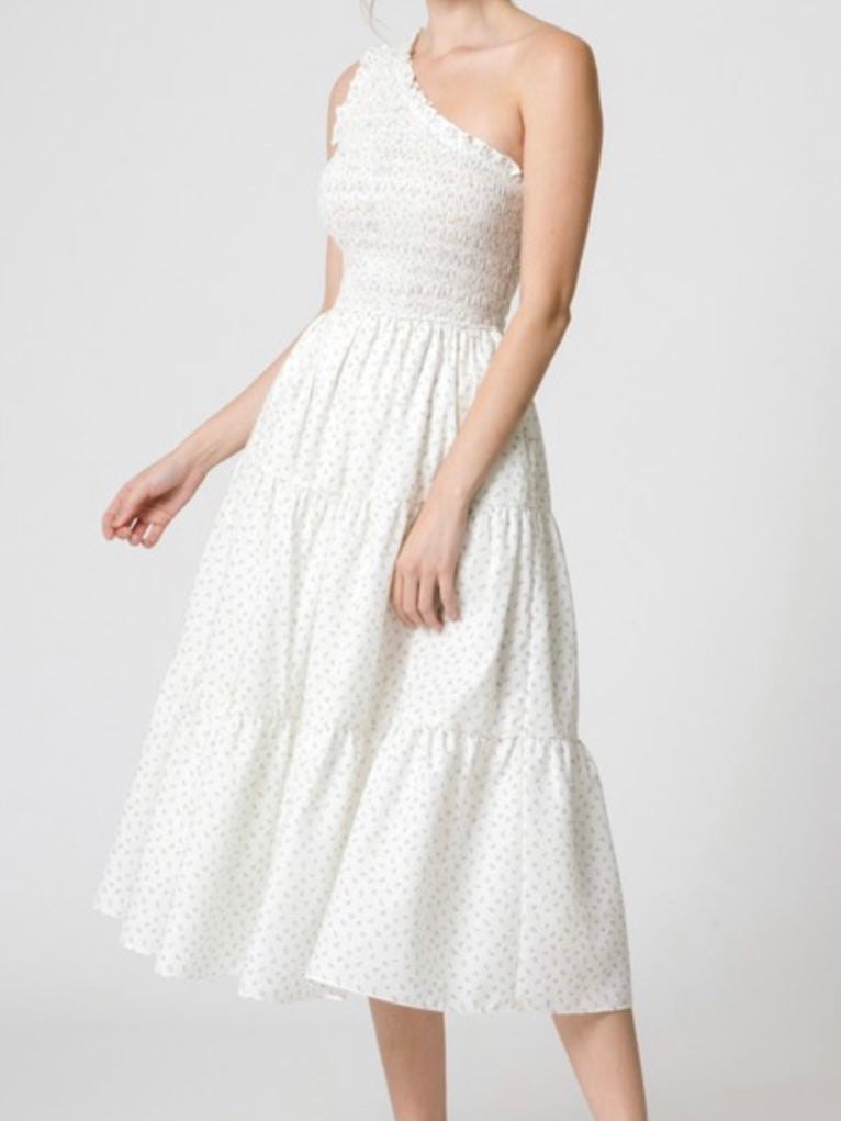 Ditsy Floral Smocked One Shoulder Dress