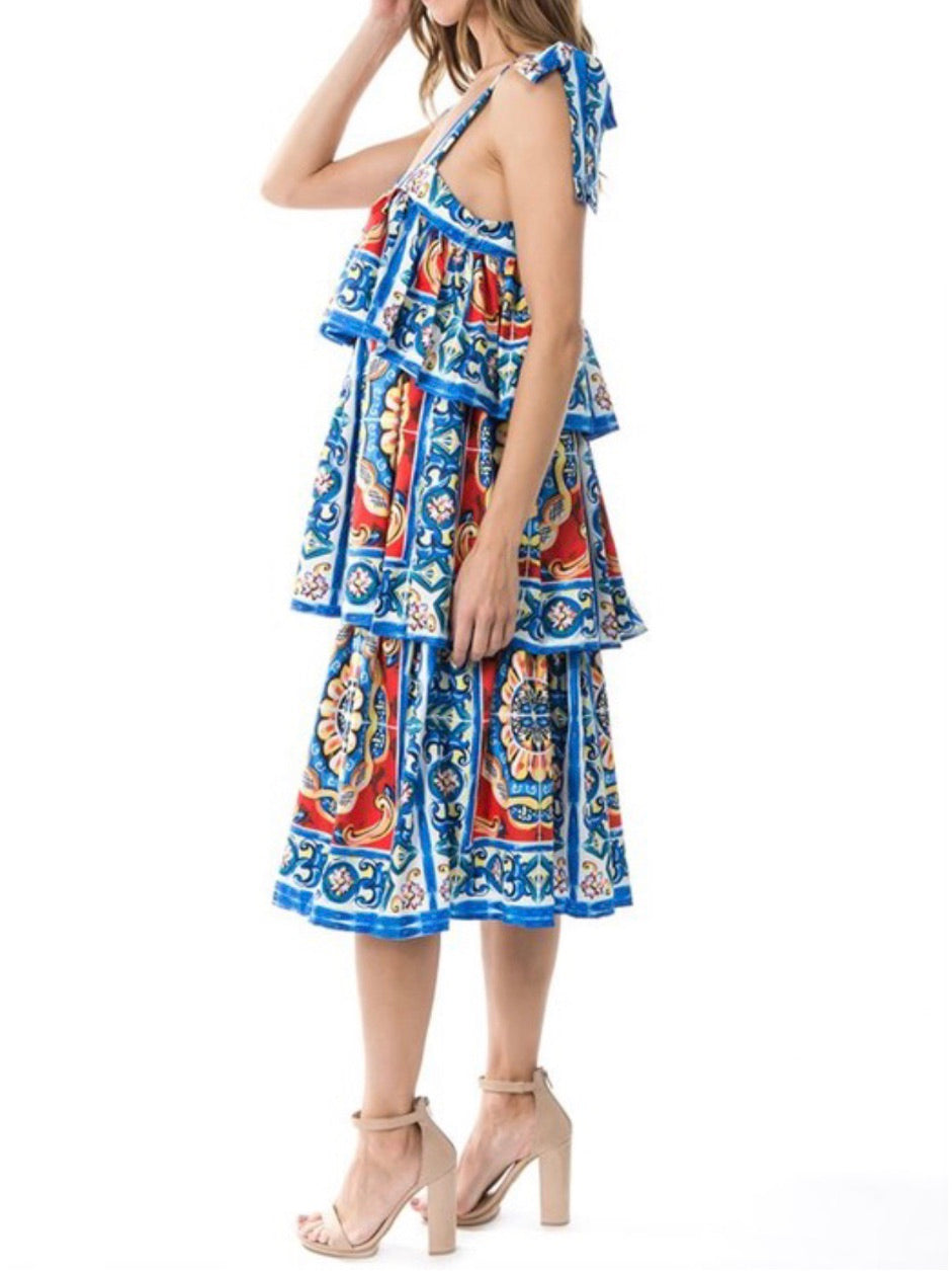 Blue Multi Print Tiered Dress