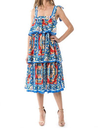 Blue Multi Print Tiered Dress