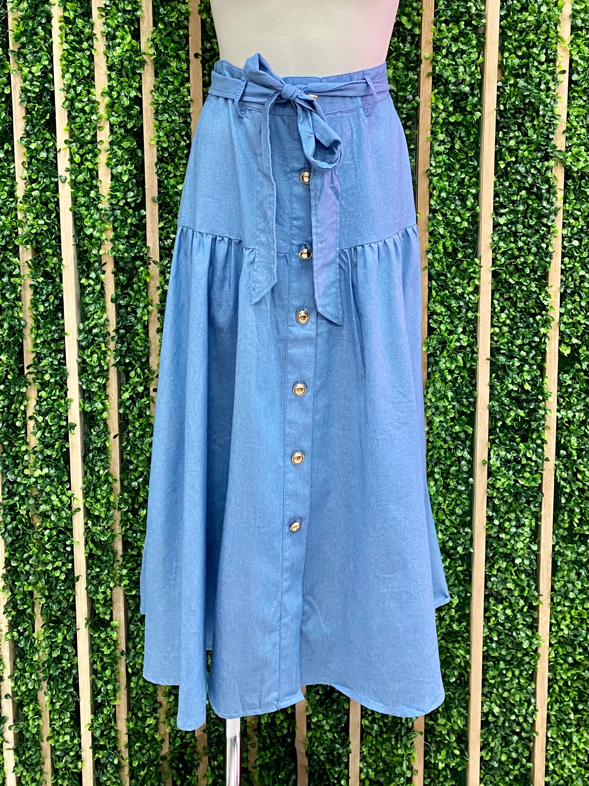 Drop Waist Denim Midi Skirt