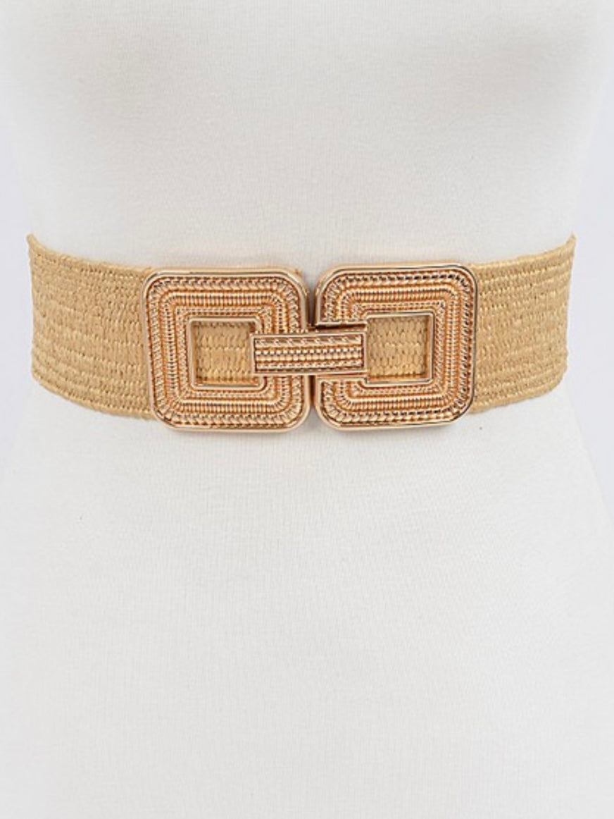 Embossed Square Buckle Raffia Elastic Belt