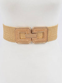 Embossed Square Buckle Raffia Elastic Belt