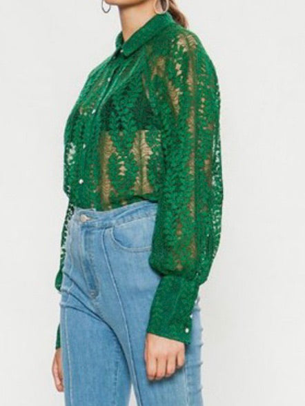 Green Organza Long Sleeve Blouse