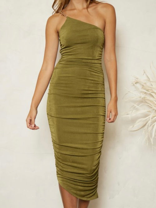 Olive One Shoulder Midi Dress