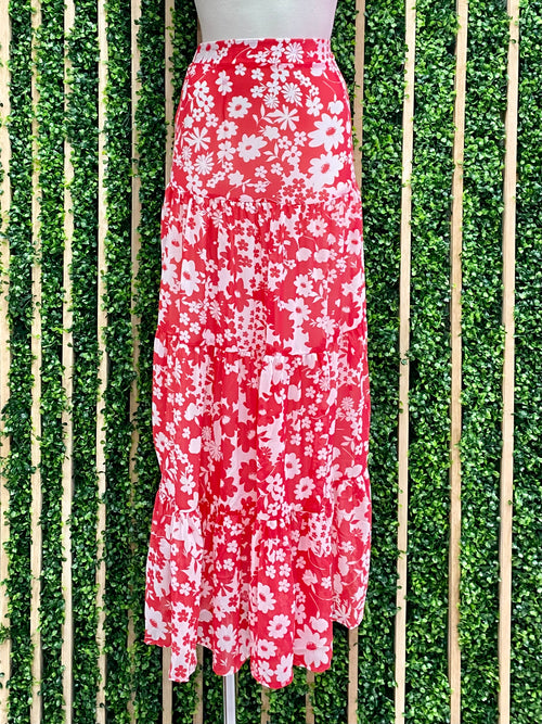 Delicate Red Floral Maxi Skirt