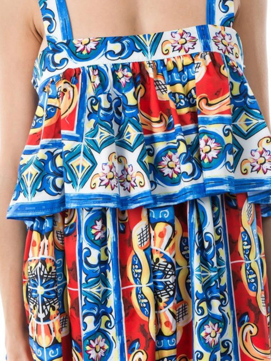 Blue Multi Print Tiered Dress