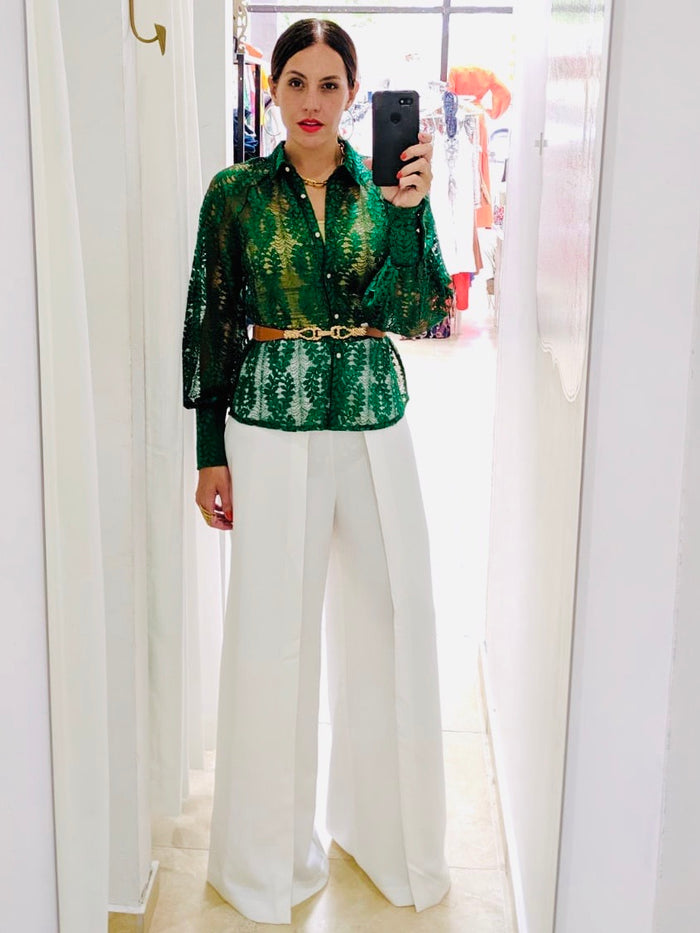 Green Organza Long Sleeve Blouse