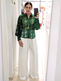 Green Organza Long Sleeve Blouse