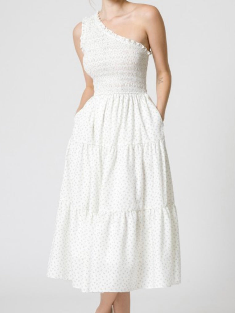 Ditsy Floral Smocked One Shoulder Dress