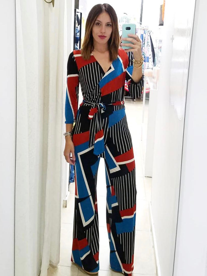 Black Print Wrap Jumpsuit