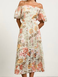 Delicate Sage Peach Floral Lace Midi Dress