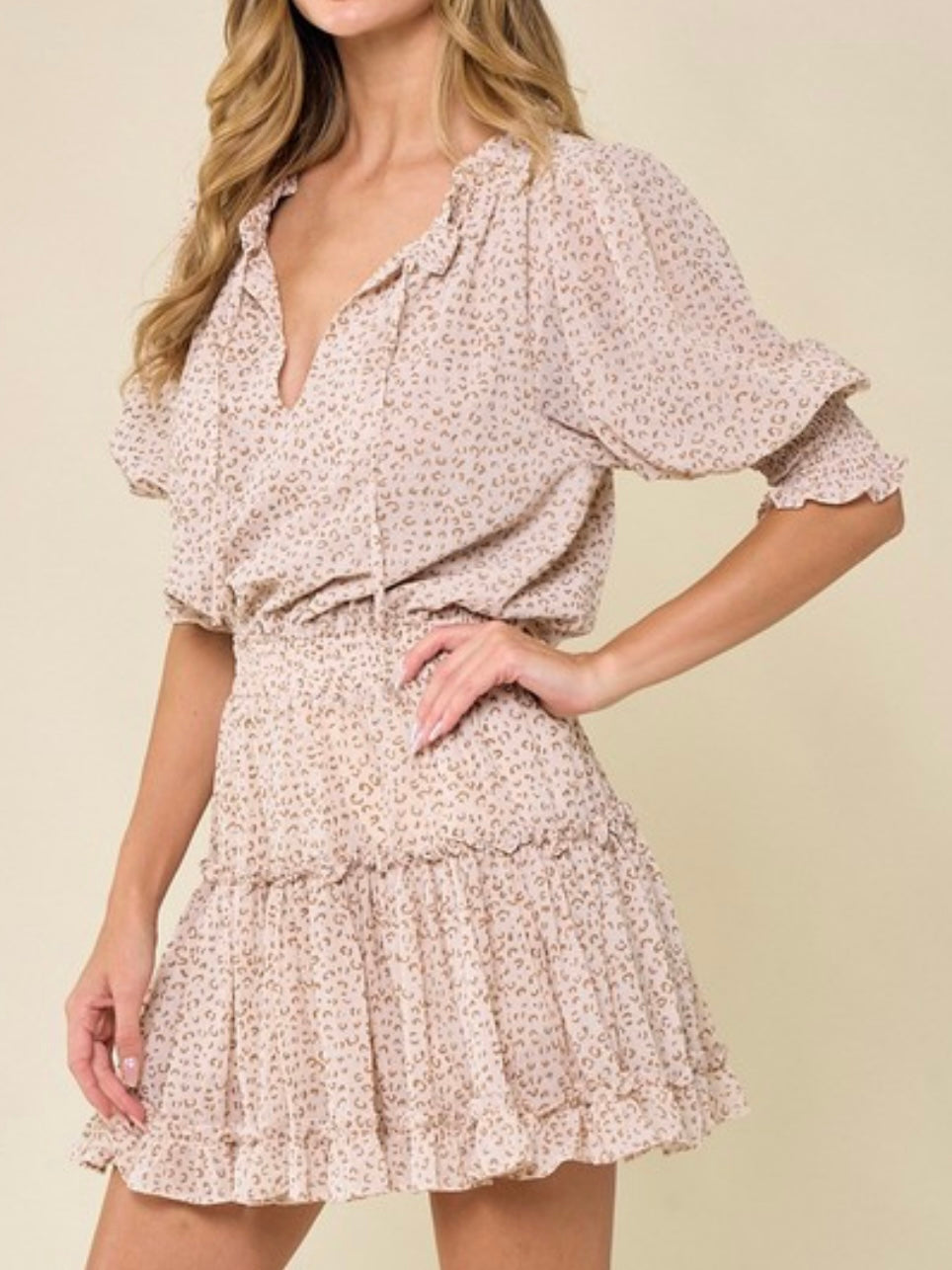 Neutral Leopard Tiered Short dress