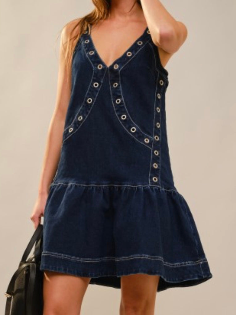 Dark Denim Grommet Detail Dropwaist Short Dress
