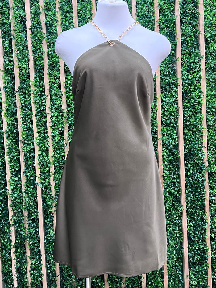 Dark Olive Halter Neck Satin Short Dress
