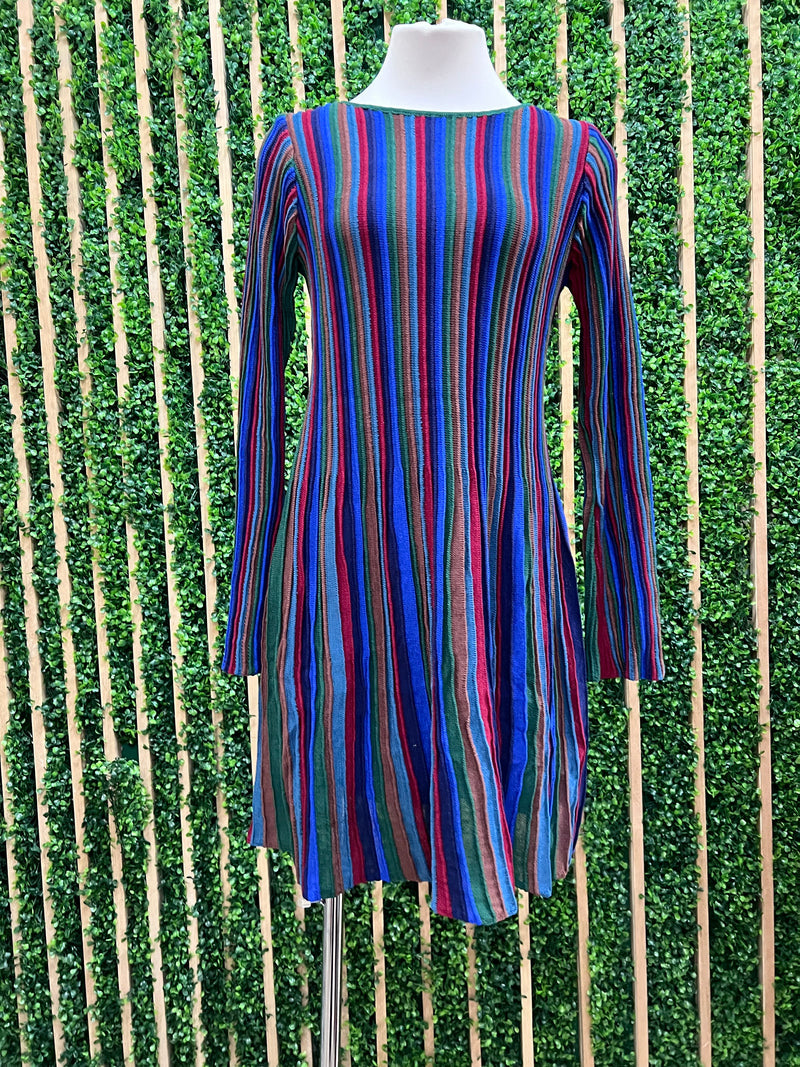 Multi Shimmer Stripe Round Neck Knit Mini Dress