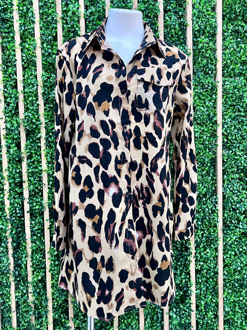 Brown Leopard Print Long Sleeve Short Dress