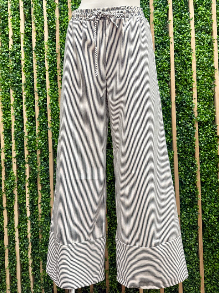 Ivory Navy Striped Wide-Leg Pants