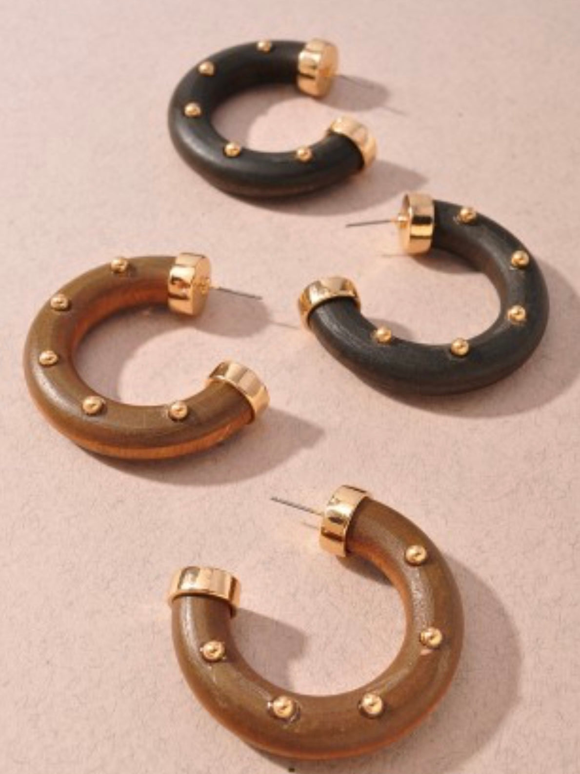 Golden Studded Wood Hoop Earrings