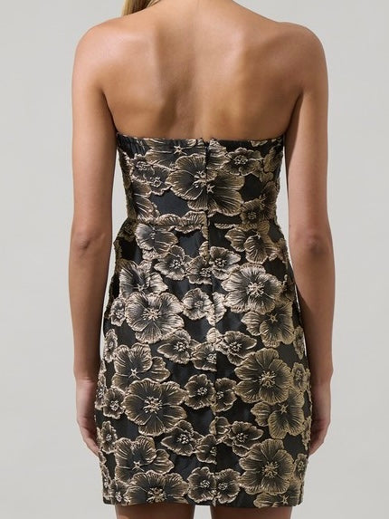 Black Floral Jacquard Strapless Dress