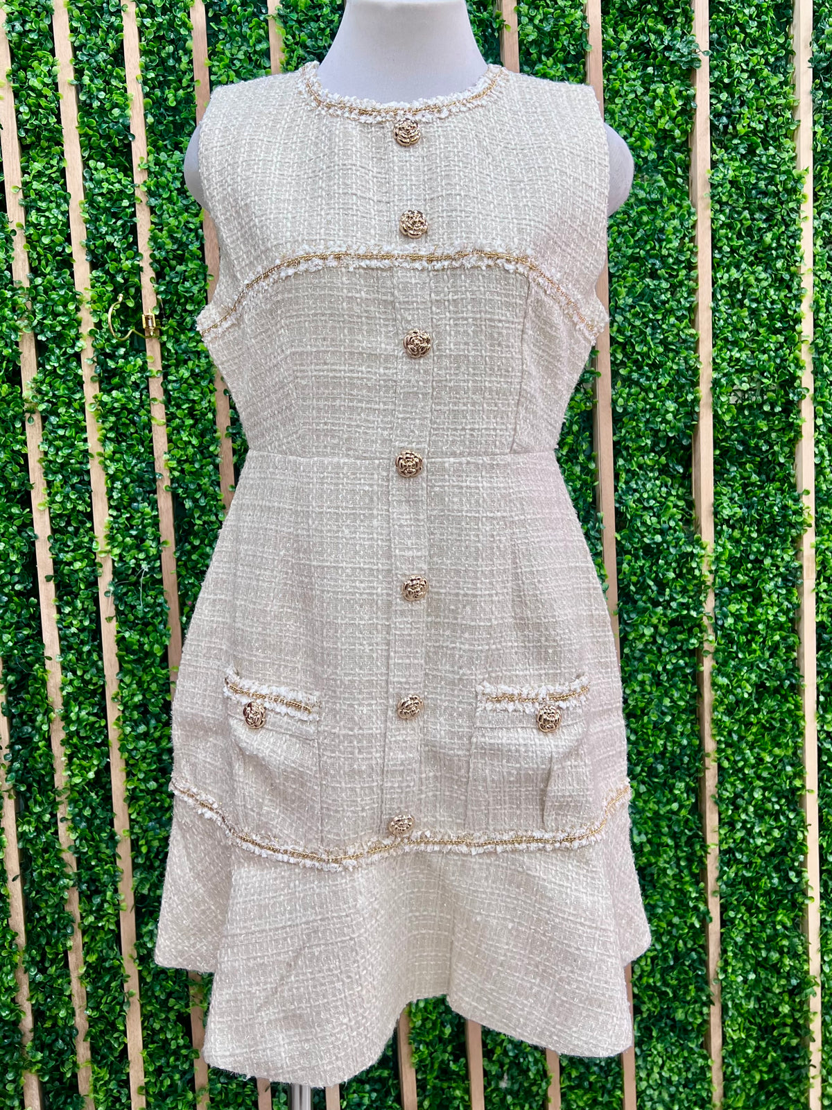 Beuatiful Ivory Tweed Gold Detail Drop Waist Short Dress
