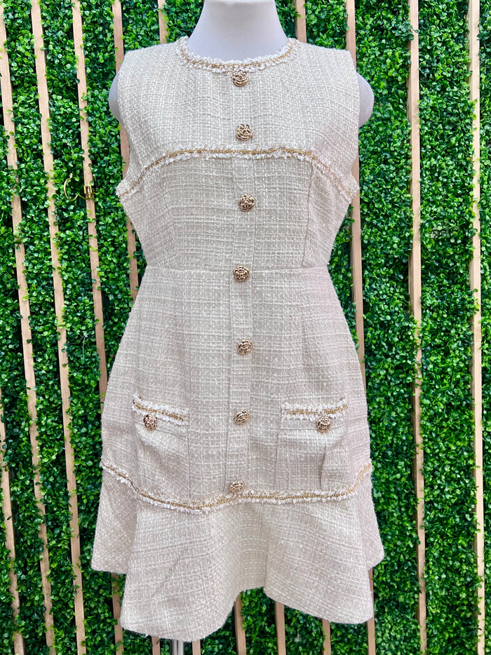 Beuatiful Ivory Tweed Gold Detail Drop Waist Short Dress