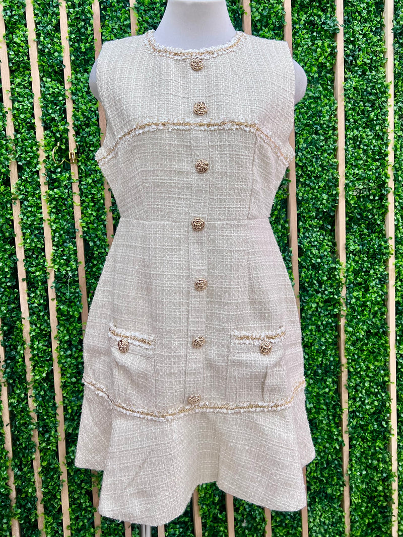 Beuatiful Ivory Tweed Gold Detail Drop Waist Short Dress