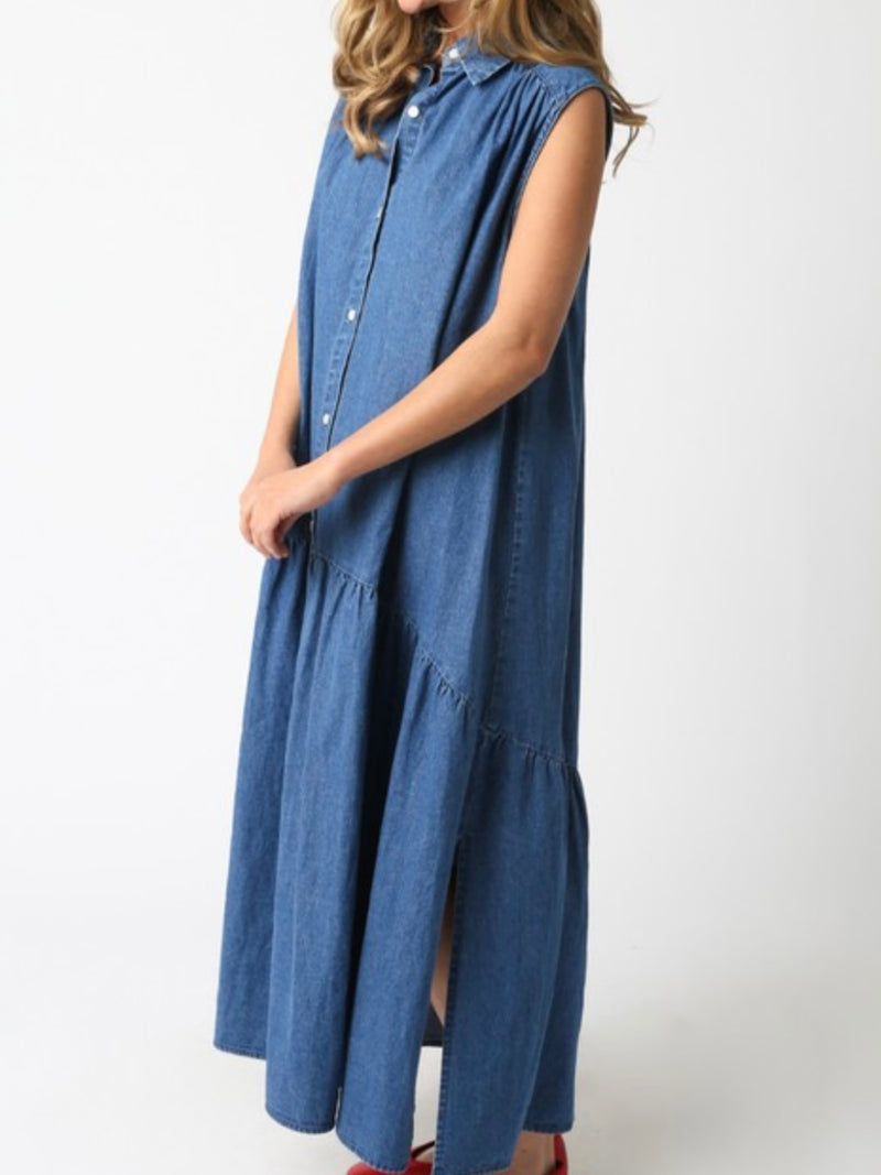 Dark Denim Drop Waist Sleeveless Blouse Maxi Dress