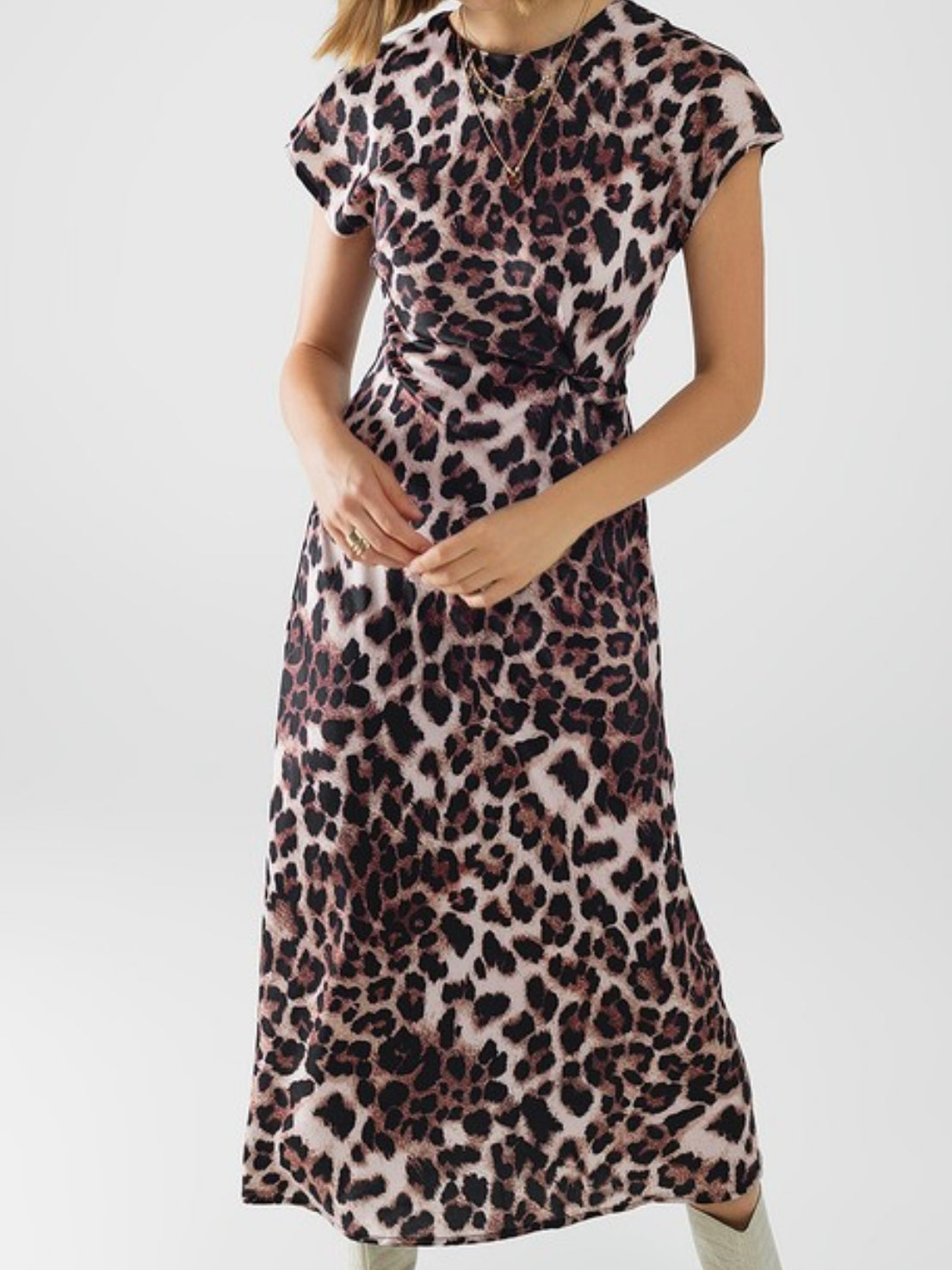 Twist Detail Leopard Round Neck Midi Dress