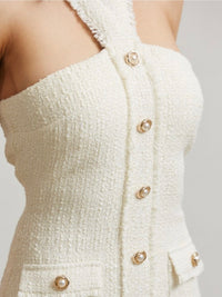 Exquisite Cream Tweed Halter Contrast Fitted Maxi Dress