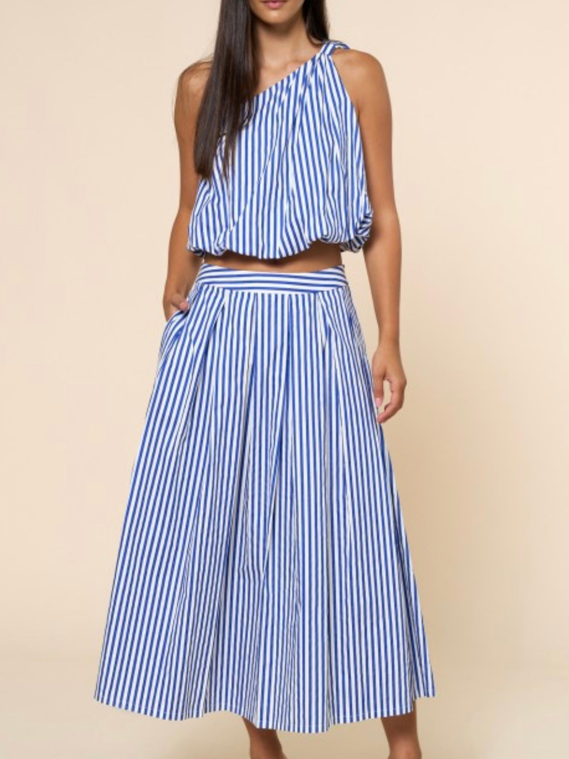 Sorrento Blue Striped One Shoulder Puff Crop Top