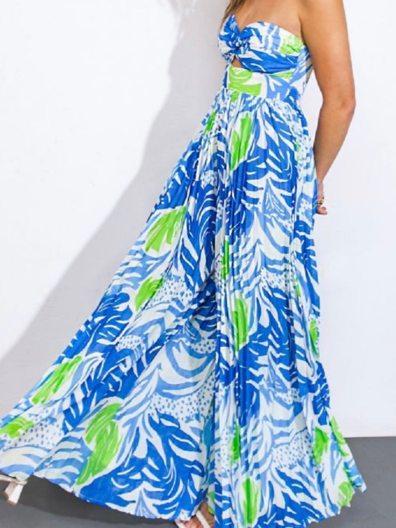 Blue Green Tropical Strapless Cutout Jumpsuit