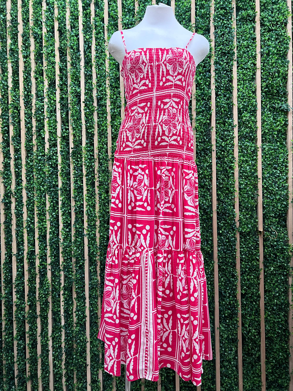Red Tropical Smocked Bodice Midi Dress