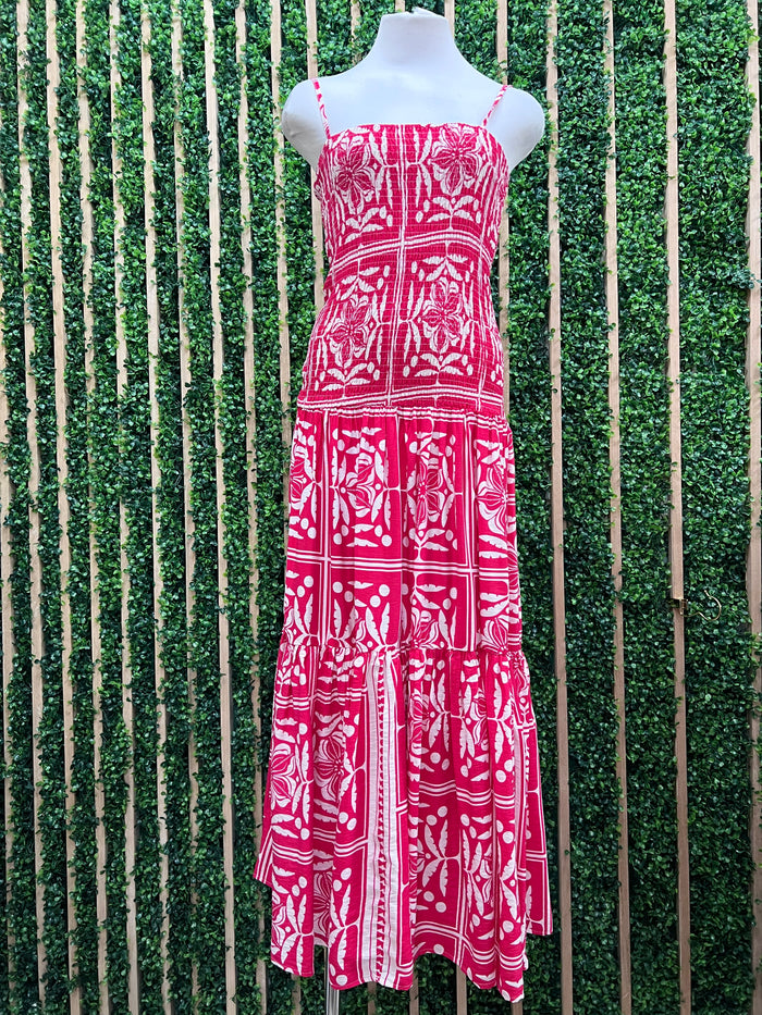 Red Tropical Smocked Bodice Midi Dress